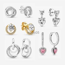 Stud LR 925 Argent Sparkling Round Halo Famille Toujours Encerclé Double Coeur Boucles D'oreilles Pour Les Femmes Fête Des Mères Cadeau D'anniversaire YQ231026