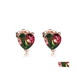 Stud Luckyshine pour femmes boucles d'oreilles hypoallergéniques coeur en or rose mélangé pastèque tourmaline bijoux livraison directe Dhkuj