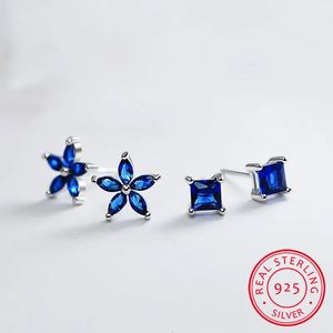 Pendientes de lujo con zafiro azul Natural para mujer, aretes de boda de Plata de Ley 925 para mujer, aretes cuadrados Vintage con forma de flor 231115