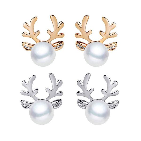 Stud Luxury Pearl Antlers Pendientes Christmas Reno Elk Animal Rhinestone Crystal Sier Para Mujeres Niñas Joyería de Moda Drop Delivery Dhrnn