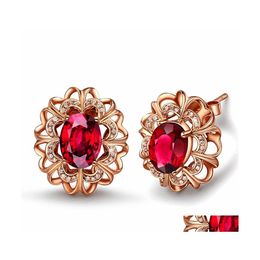 Boucles d'oreilles rubis de luxe pour femmes, or Rose 18 carats, pierre de naissance rouge, bijoux d'oreilles de mariage, boucles d'oreilles en pierres précieuses, livraison directe Dhm4G