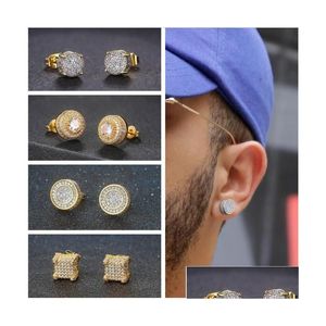 Stud Heren Hip Hop Iced Out Bling Cz Oorknopjes Geometrisch Vierkant Rond Goud Kleur Micro Pave Kubieke Zirkoon Studs Oorbel Voor Mannen Vrouw Dhv1W