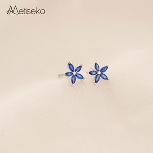 Stud Metiseko Blue Cubic Zirconia Boucles d'oreilles de fleur Real 925 STERLING Silver Antiallergic mignon exquis For Women Party 230807
