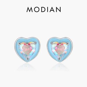 Stud Modian 925 Silver Silver Romantic Blue Boucles d'oreilles en forme de coeur en émail de couleur arc-en-ciel Zircone Womens Wedding Jewelry Q240507