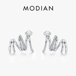 Stud Modian Real 925 Sterling Silver Geometric Line -oorbellen ingelegd met briljante Zirconia Fashion Wave Jewelry Gift 230325