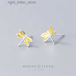 Stud Modian Tiny Sweet Insect Kleine Oren Pin 925 Sterling Zilver Geel Emaille Dragonfly Stud Oorbellen Voor Vrouwen Fijne Sieraden YQ231128