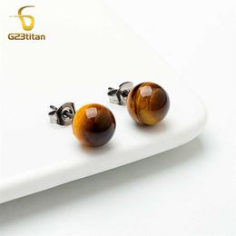 Stud Piedra Natural Tiger Eye Beads Pendientes Mujeres Hombres Quirúrgico Titanio Piercing Joyería Moda Simple Round Ball Ear Stud Accesorio Z0517