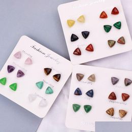 Stud Pendientes de triángulo de piedra natural Cristal de cuarzo Ojo de tigre Amatista Ágata Pendiente de acero inoxidable Joyas para mujeres Entrega de gota J Dhfz4