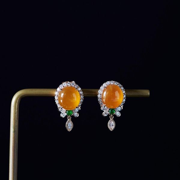 Boucles d'oreilles en perles rondes transparentes de glace calcédoine jaune naturelle Stud style chinois rétro artisanat créatif charme femmes bijoux en argent 230807