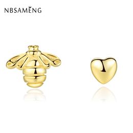 Stud NBSAMENG 100% 925 Sterling Silver Earring Gouden hart en bijen oorbellen voor vrouwen bruiloft Gift Diy sieraden voorkomen allergie