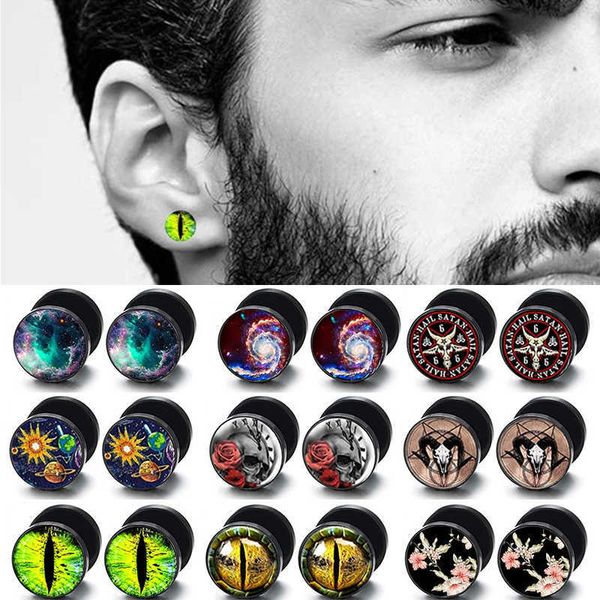 Stud Nuevo 1 par Acero YinYang Stud Pendiente para hombres Mujeres Negro Cráneo Oreja Stud Barbell Piercing Moda Tapones para los oídos falsos Punk Men Pendiente P230411