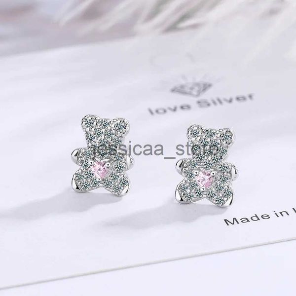 Stud Nueva llegada 100% 925 SterlSilver Sweet Cartoon Bear Animal Shiny Crystal Ladies Stud Pendientes para niñas regalos baratos J231127