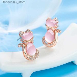 Stud Nouveau mignon cristal rose Zircon chat couleur or boucles d'oreilles pour femmes conception Unique 2023 à la mode douce fille cadeau d'anniversaire Q240125