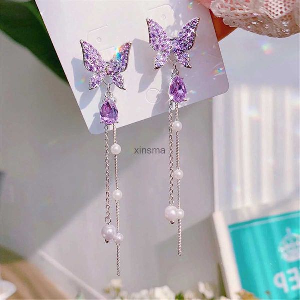 Pendientes colgantes de mariposa de cristal coreano para mujer, aretes largos con diamantes de imitación y perlas de temperamento, joyería para fiesta y boda, regalo YQ240129