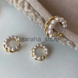 Stud New Korean Gold Color Double Circle Twist Pearl Ear Cuff Vintage Geométrico Círculo Earcuff Fake PiercPearls Clip en aretes J240120