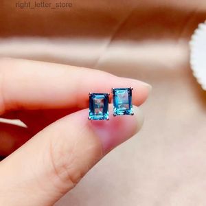 Stud Nieuwe Natuurlijke London Blue Topaz Stud Oorbellen Steen 5*7mm925 Verzilverd Platina Princess Cut Eenvoudige YQ231211