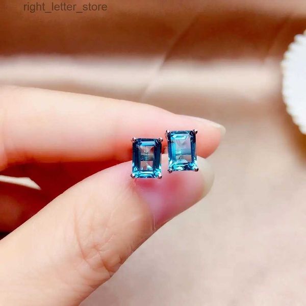 Stud New Natural London Blue Topaz Stud Pendientes Piedra 5 * 7mm925 Chapado en plata Platino Princesa Corte Simple YQ231211