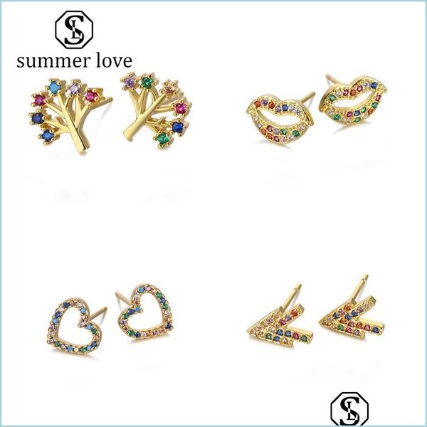 Stud New Rainbow Cubic Zirconia Love Labios Flecha Árbol Pendientes de ojos para mujeres Niñas Moda Chapado en cobre 18K Oro CZ Pendiente Joyería Dhrdh