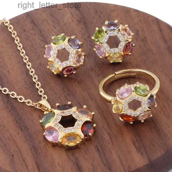 Stud Nouvelle tendance boucles d'oreilles anneaux ensembles pour femmes mode coloré naturel Zircon haute qualité mariée anneaux de mariage bijoux ensembles YQ231211