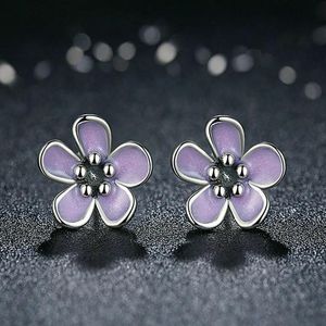 Pendientes de plata de ley 925 con flores de melocotón rosa y margaritas moradas para niñas, bonita flor de cerezo Sakura