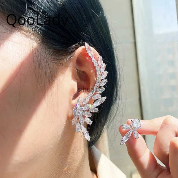 Stud QooLady 2023 Nuevo Asimétrico Brillante Blanco Lujo Largo Cubic Zirconia Crystal Climber Ear Cuff Pendientes Novias Estrella Joyería E068 YQ231026