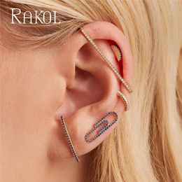 Stud RAKOL 1 pièce manchette d'oreille sans clip de perçage boucles d'oreilles de mode pour femmes bijoux rectangulaires avec arc-en-ciel CZ zircone fête RE25866 231006
