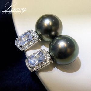 Stud Real 925 Sterling Silver Black Pearl Pendientes para mujer, Big Natural Tahitian Wedding Bride Jewelry