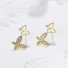 Stud réel 925 en argent Sterling Micro pavé cubique zircone boucle d'oreille pour les femmes papillon doré boucles d'oreilles Stud Farl22