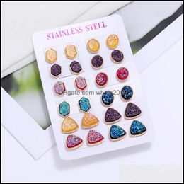 Stud Resin Pink Green Blue Druzy Drusy Designer Stud -oorbellen 12Pairs Set Fashion Mini Cute Earring For Women Girl Drop Dhseller2010 DHZPY