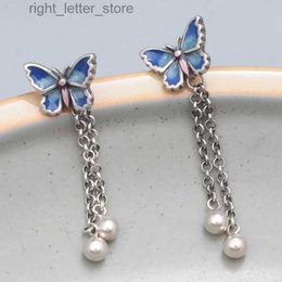 Stud Retro Blauwe Vlinder Kwastje Opknoping Oorbellen voor Vrouwen 925 Sterling Zilver Emaille Lange Oorbel Oor Piercing YQ231211