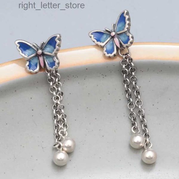 Stud Retro Azul Mariposa Borla Pendientes colgantes para mujeres 925 Sterling Silver Esmalte Pendiente largo Oreja Piercing YQ231211