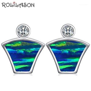 Stud ROLILASON arte misterioso plata estampado azul con ópalo de fuego verde regalo de boda para mujeres pendientes joyería de moda OE7251