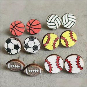 Stud Round Sports Baseball Boucles d'oreilles Rugby Football Basketball Accessoires de mode en bois Drop Delivery Jewelry Dhmf3