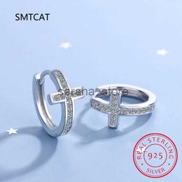 Stud S925 Stempel Zilver Nieuwe Vrouw Fijne Sieraden Hoge Kwaliteit Blue Crystal Zirkoon Eenvoudige Cross Charm Oorbellen Creoolse Huggies J240120