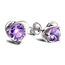 Stud S925 Sterling Sier Love Heart Boucles d'oreilles Colliers Set Jewelry Blanc Purple Shining Crystal Bling Diamond Choker Collier Brincos Dhhd3