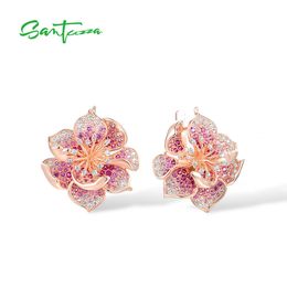 Stud SANTUZZA 925 boucles d'oreilles en argent Sterling pour femmes laboratoire créé RubyPink saphir blanc CZ dégradé fleur Fine Jewelry 230307