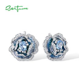 Stud SANTUZZA 925 sterling zilveren oorbellen voor vrouwen Blauwe Spinel Witte CZ Bloeiende bloem Elegante partij Fijne sieraden Handgemaakt email 221119