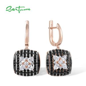 Stud SANTUZZA Pure 925 Sterling Zilver Glimmer Oorbellen Voor Vrouwen Fonkelende Zwarte Spinel Witte Kubieke Zirkoon Kussen Ster Fijne Sieraden