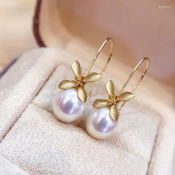 Pendientes SARARA de perlas de agua salada de 7mm-7,5mm para mujer, pendientes de oro de 18 quilates con forma de pétalo de gancho largo Akoya Au750 StampStud Kirs22