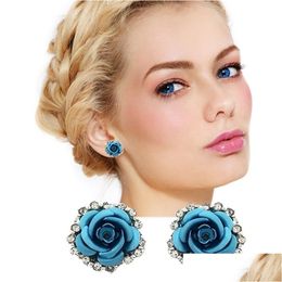 Stud verkopen Romantische liefde Rose Earrings Dames Diamond Red Blue Valentijnsdag Sieraden Gifts Drop Delivery Dh2C8