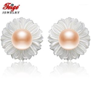 Stud Shell Canved Flowers 3 Colors Natural Cultured Pearls 925 Sterling Silver Earring For Women Fashion Sieraden Groothandel Feige1