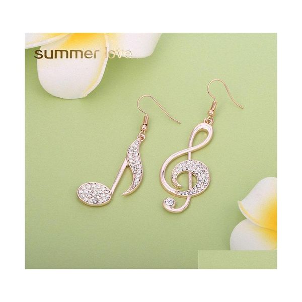 Stud Shining Checo Rhinestone Treble Clef Notes Octava nota Cuelga el pendiente para las mujeres Aleación de oro Sier Rose Fishhook Drop Delivery Jew Dhqkj