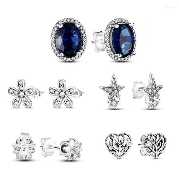 Pendientes de plata 925 con piedra azul, Pendientes de circonita S925 con forma de corazón y flor, joyería pequeña de marca Original para MujerStud Farl22