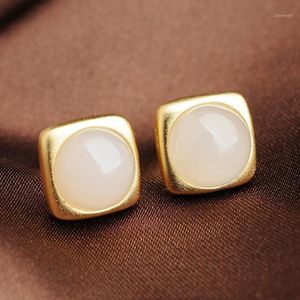 Boucles d'oreilles carrées en argent incrusté de Jade naturel et blanc Style chinois rétro Unique ancien artisanat en or bijoux de marque pour femmes