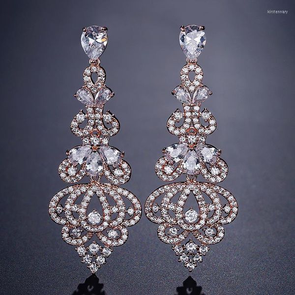 Stud Sparkling White Cubic Zirconia Délicat Géométrique Long Dangle Boucles D'oreilles Bijoux De Mariage De Mariée Robe AccessoiresStud Kirs22