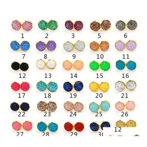 Stud Pendientes hipoalergénicos de acero inoxidable 30 Color 12Mm Druzy Resin Stone Gold Sier Ear Rings para mujeres Joyería de lujo Regalo Drop D Otqxq