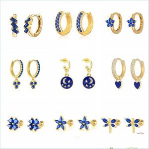 Stud Stud 925 Sterling Sier esmalte Piercing Pendiente azul cristal amor corazón estrella Pendientes Plata joyería para mujer gota De Dhnbo