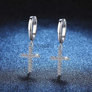 Stud Stud Boucles d'oreilles en forme de croix de Moissanite, toutes réelles, pierres précieuses brillantes, Crucifix, anneau d'oreille, argent pur S925, bijoux fins, Test de diamant YQ231114