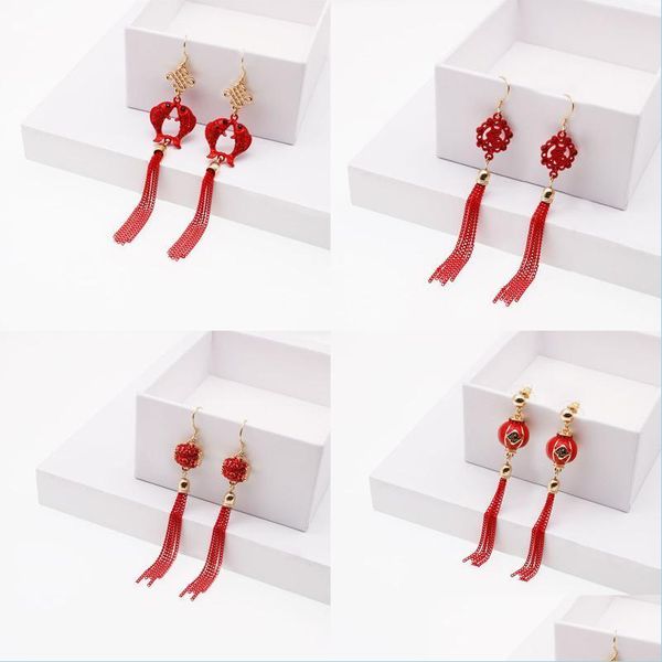 Stud Stud Année chinoise Cadeau Festival de printemps Boucles d'oreilles rouges Ruyi Jiefu Lanterne Carpe Longue Mariée Drop Livraison Bijoux Dhrlp