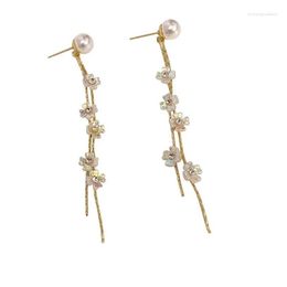 Stud Stud Earrings Golden Long Tasseled Pearl Flower And Plant Trend Copper Girly Temperament Romantic Dangler Holiday Gift Jewelry Dr Dhnp8